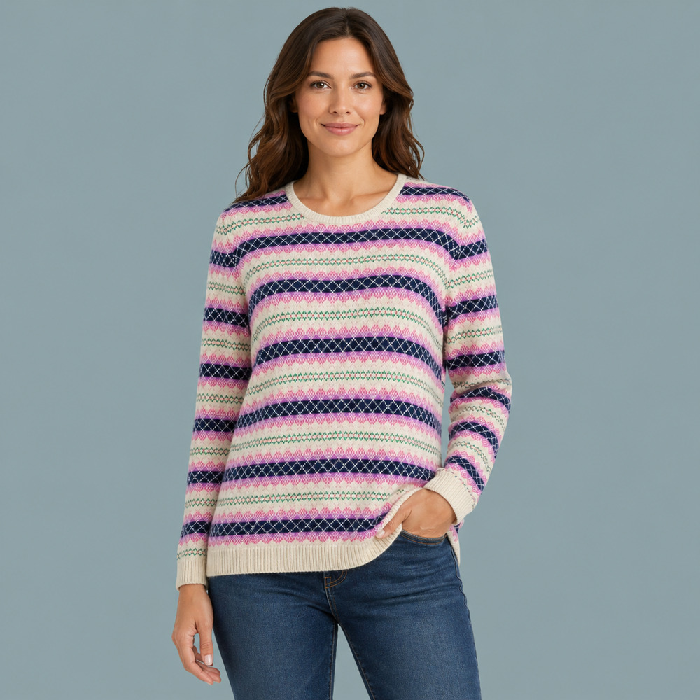 Talbots Size Large L Nordic Fair Isle Print Full Zip Back Crew Cotton Sweater